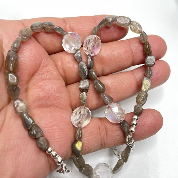 Natural Labradorite Chip White AB Froster Glass Beaded Necklace Boho Statement - Picture 7 of 8